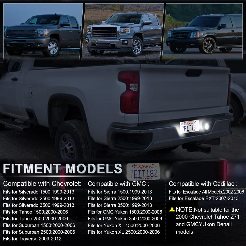 LivTee license plate light compatibility across Silverado, Suburban, Tahoe, Sierra, Yukon, Escalade.
