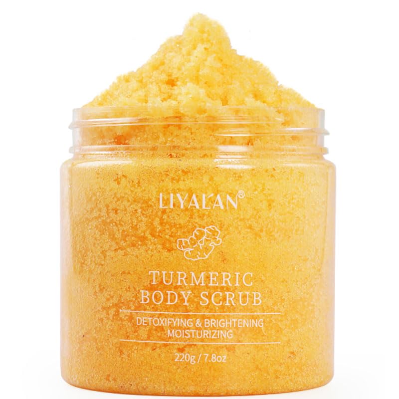 LIYALAN Turmeric Body Scrub bottle showing nourishing formula for smooth skin.