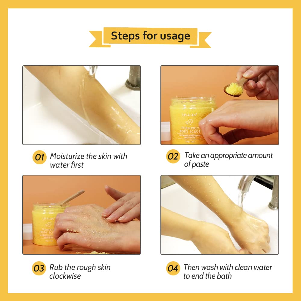 Close-up of LIYALAN turmeric scrub ingredients with shea butter and bergamot.