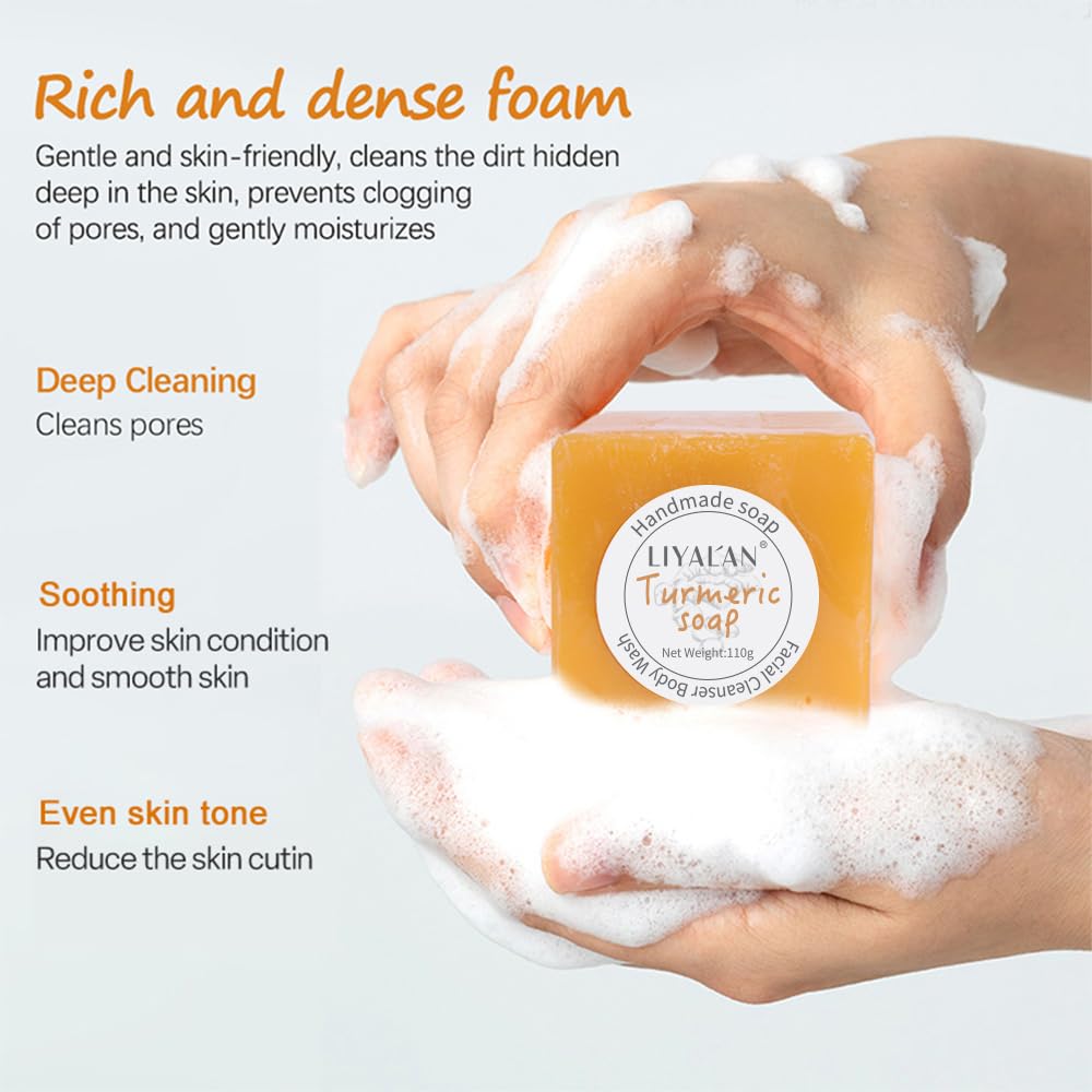 Close-up of LIYALAN turmeric soap texture with natural turmeric swirls.