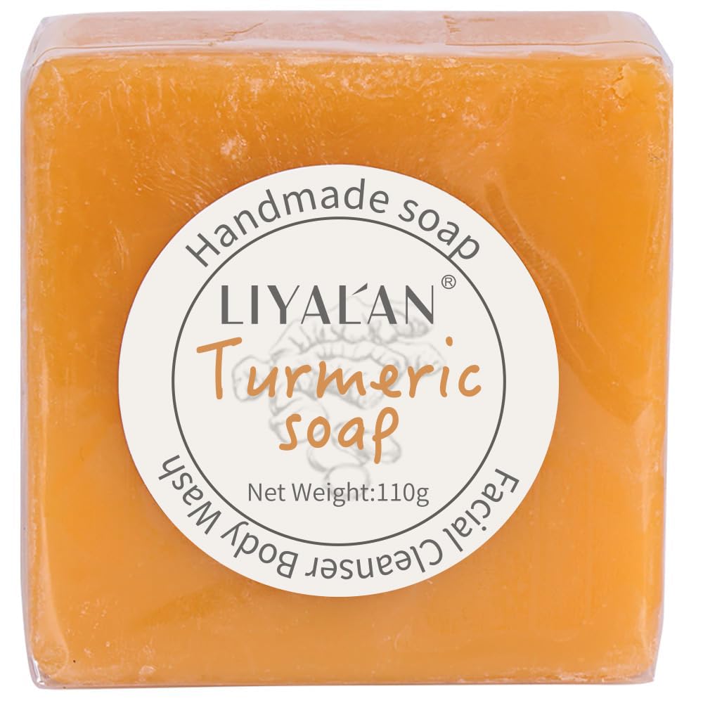 LIYALAN turmeric soap bar packaging showcasing vegan ingredients.