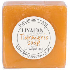 LIYALAN turmeric soap bar packaging showcasing vegan ingredients.