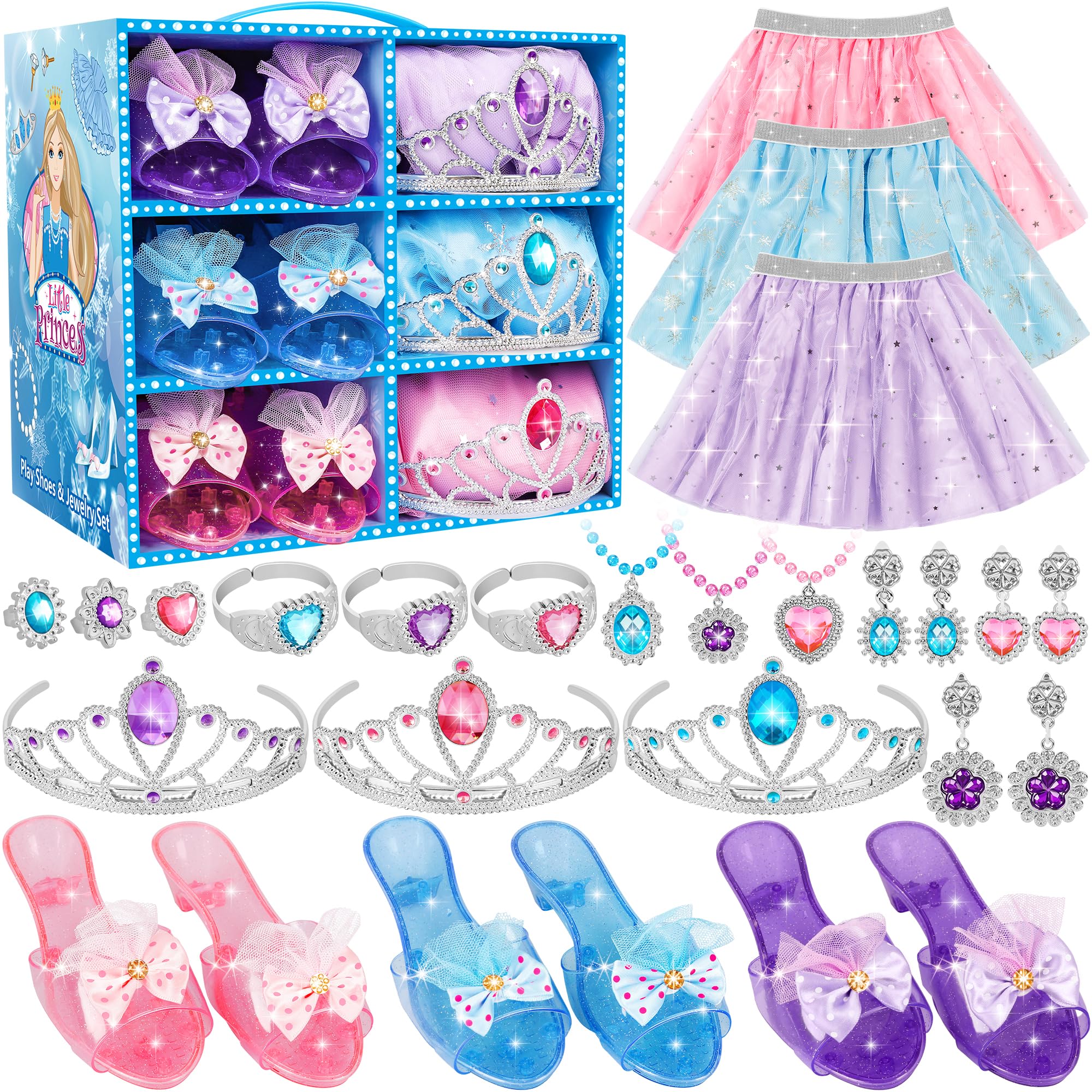 LJZJ princess dress-up kit with colorful skirts and shoes for imaginative play.