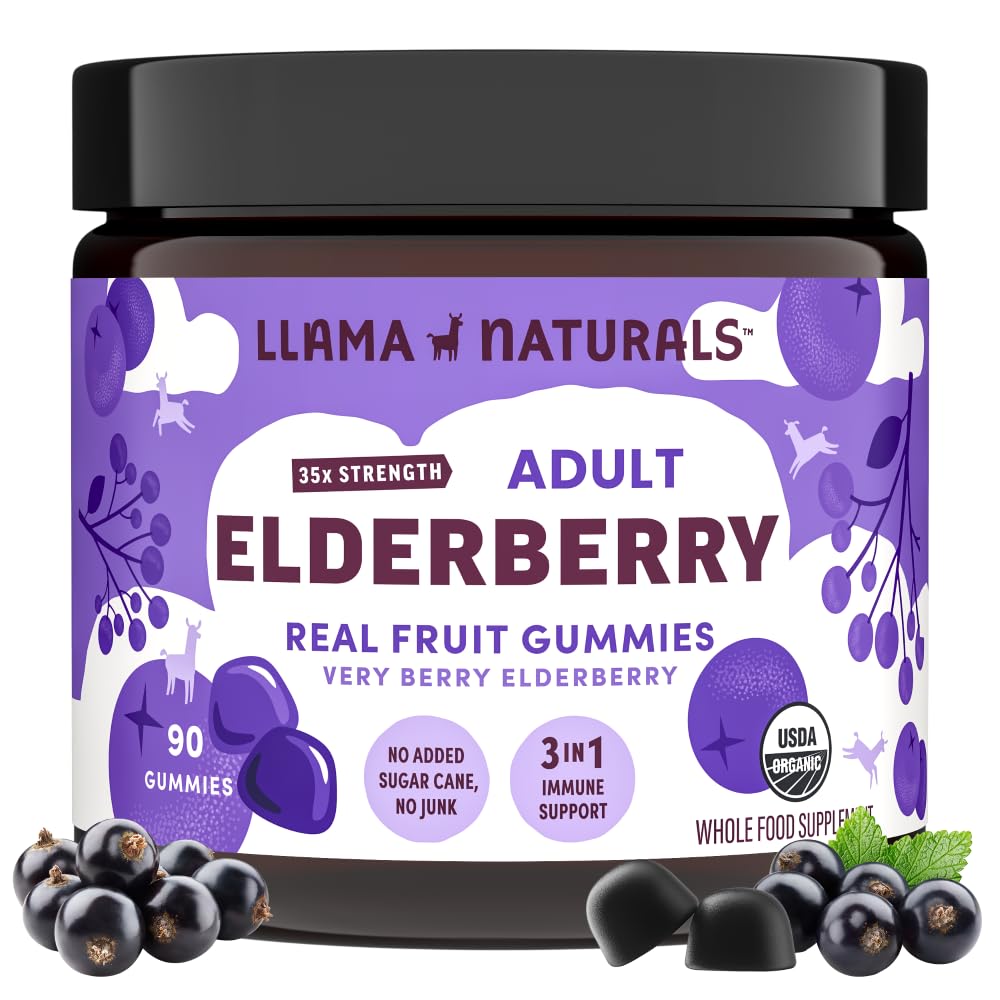 Llama Naturals Elderberry Gummies bottle front, showcasing vegan immune support with real fruit flavors.