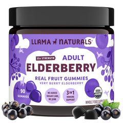 Llama Naturals Elderberry Gummies bottle front, showcasing vegan immune support with real fruit flavors.