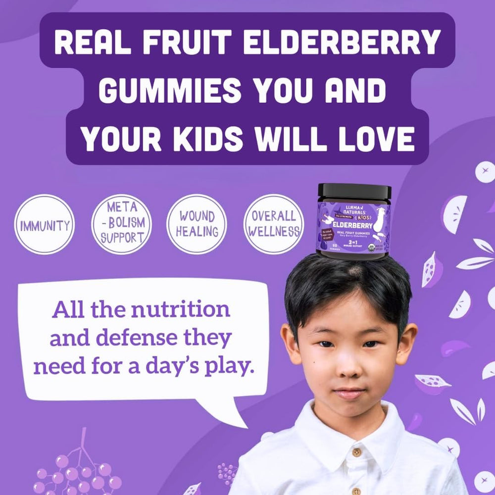 Llama Naturals ingredients label emphasizes organic elderberry, vitamin C, and zinc
