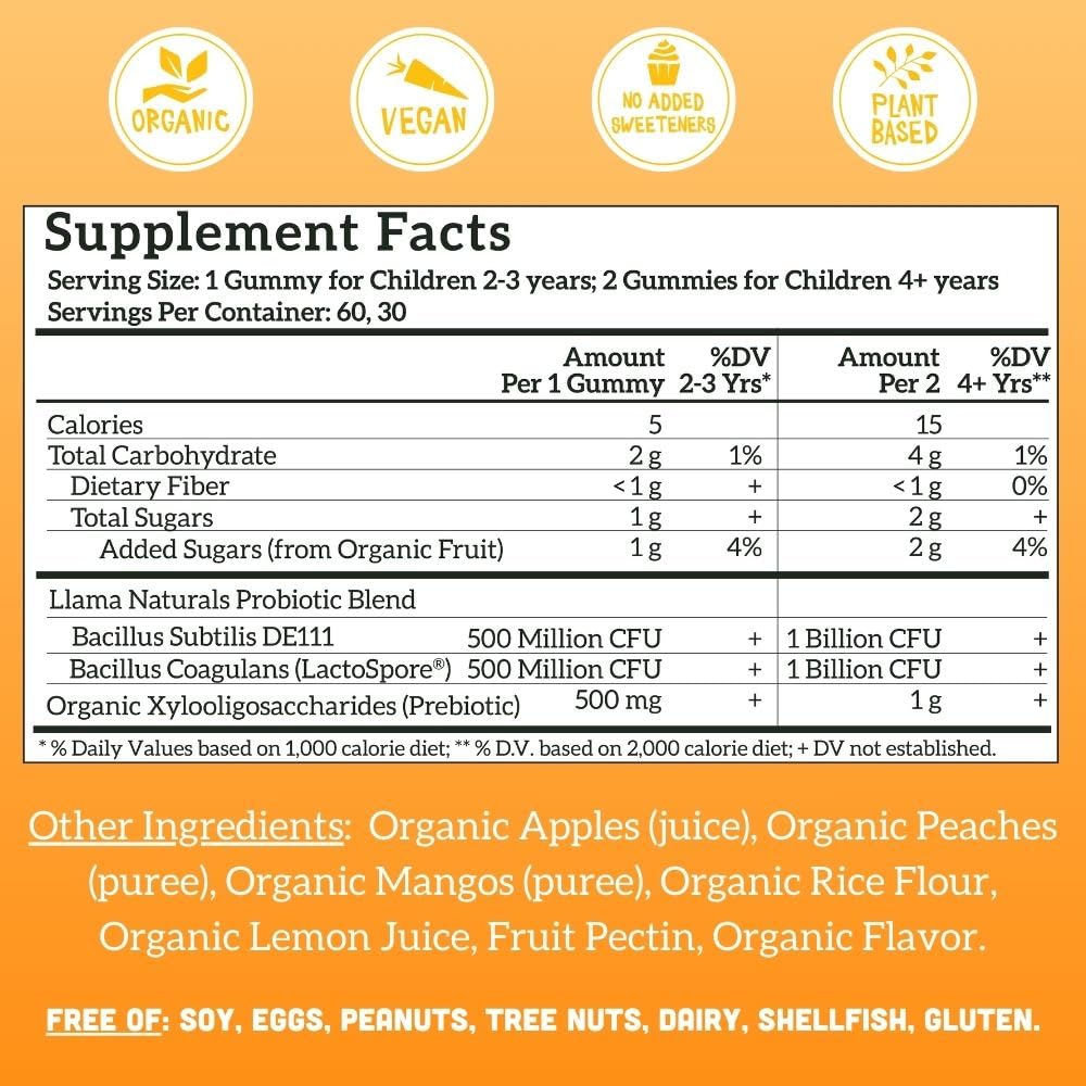 Llama Naturals 2B CFU probiotics highlight potency for kids.