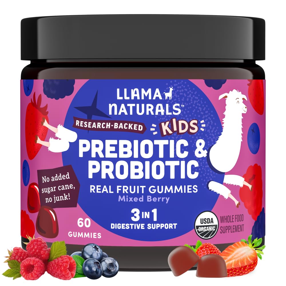 Llama Naturals kids probiotic gummies bottle with mixed berry flavor for daily gut support