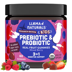 Llama Naturals kids probiotic gummies bottle with mixed berry flavor for daily gut support