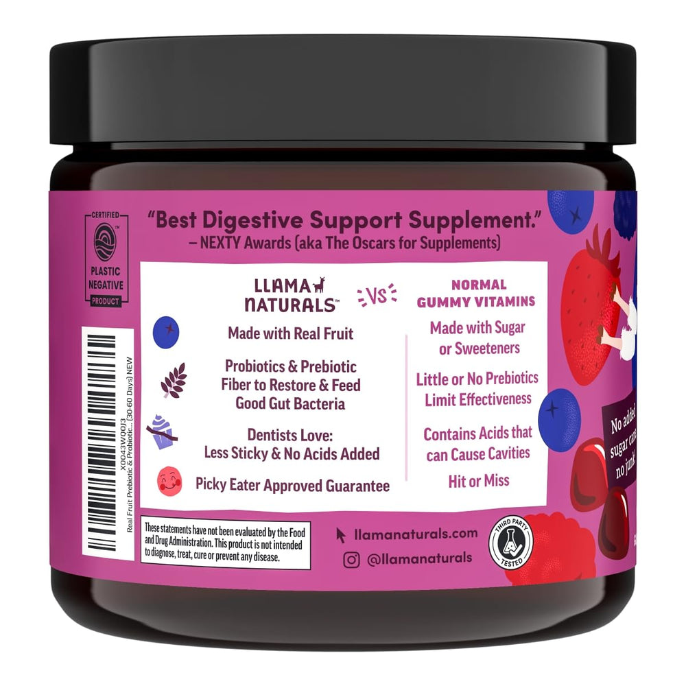 Llama Naturals label highlights 1000 mg Organic XOS prebiotic