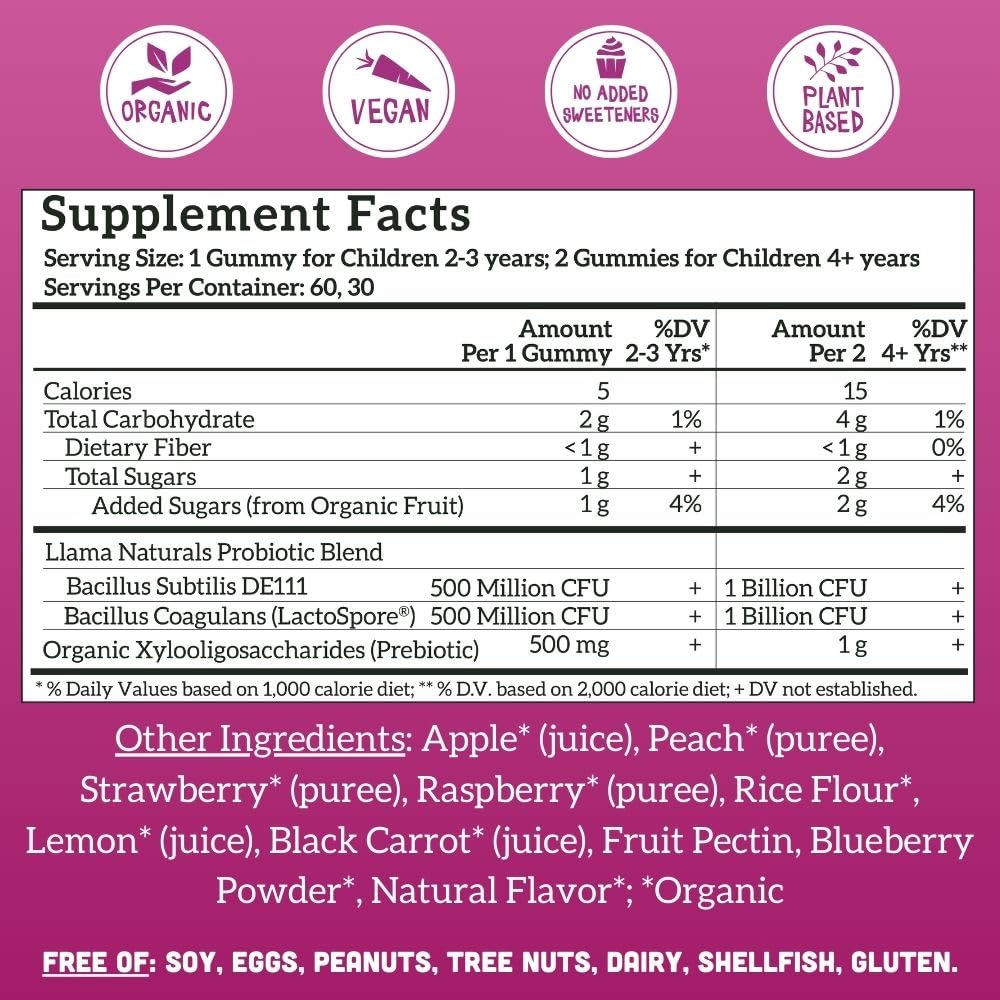 Vegan and allergen-free badge on packaging for Llama Naturals gummies