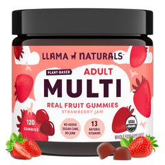 Llama Naturals multivitamin bottle open with strawberry gummies for daily wellness