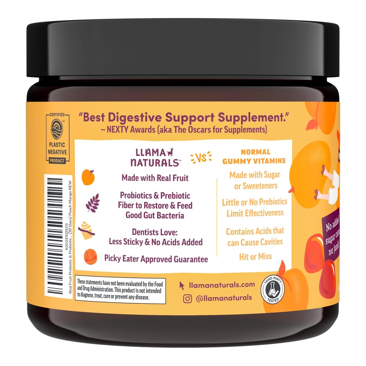 Llama Naturals No Added Sugar label for clean taste