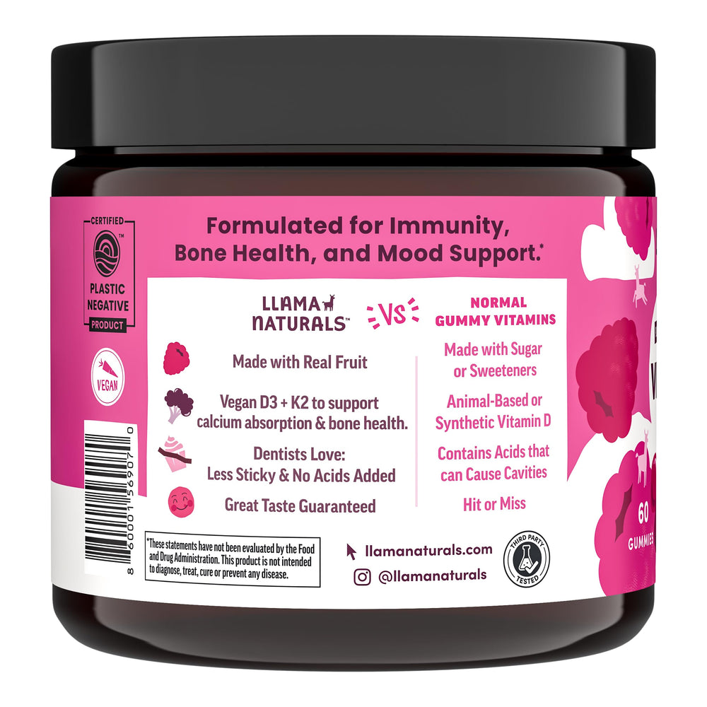 Llama Naturals Vitamin D3 raspberry gummies with kid-friendly chewable design and raspberry flavor
