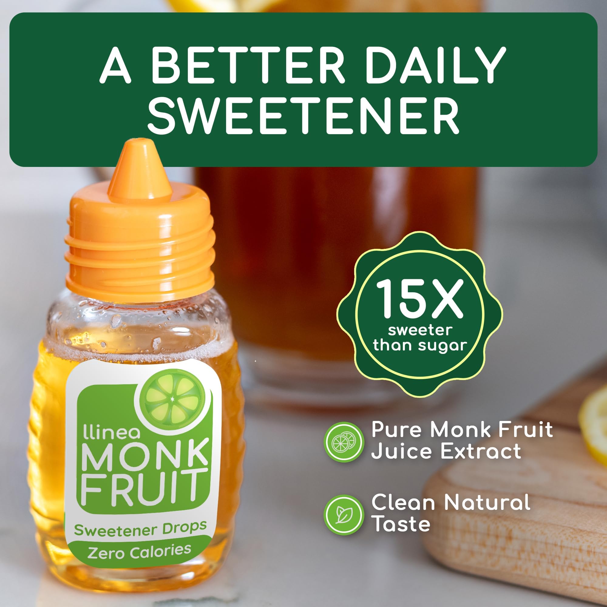 llinea Monk Fruit product label highlighting gluten-free vegan non-GMO qualities