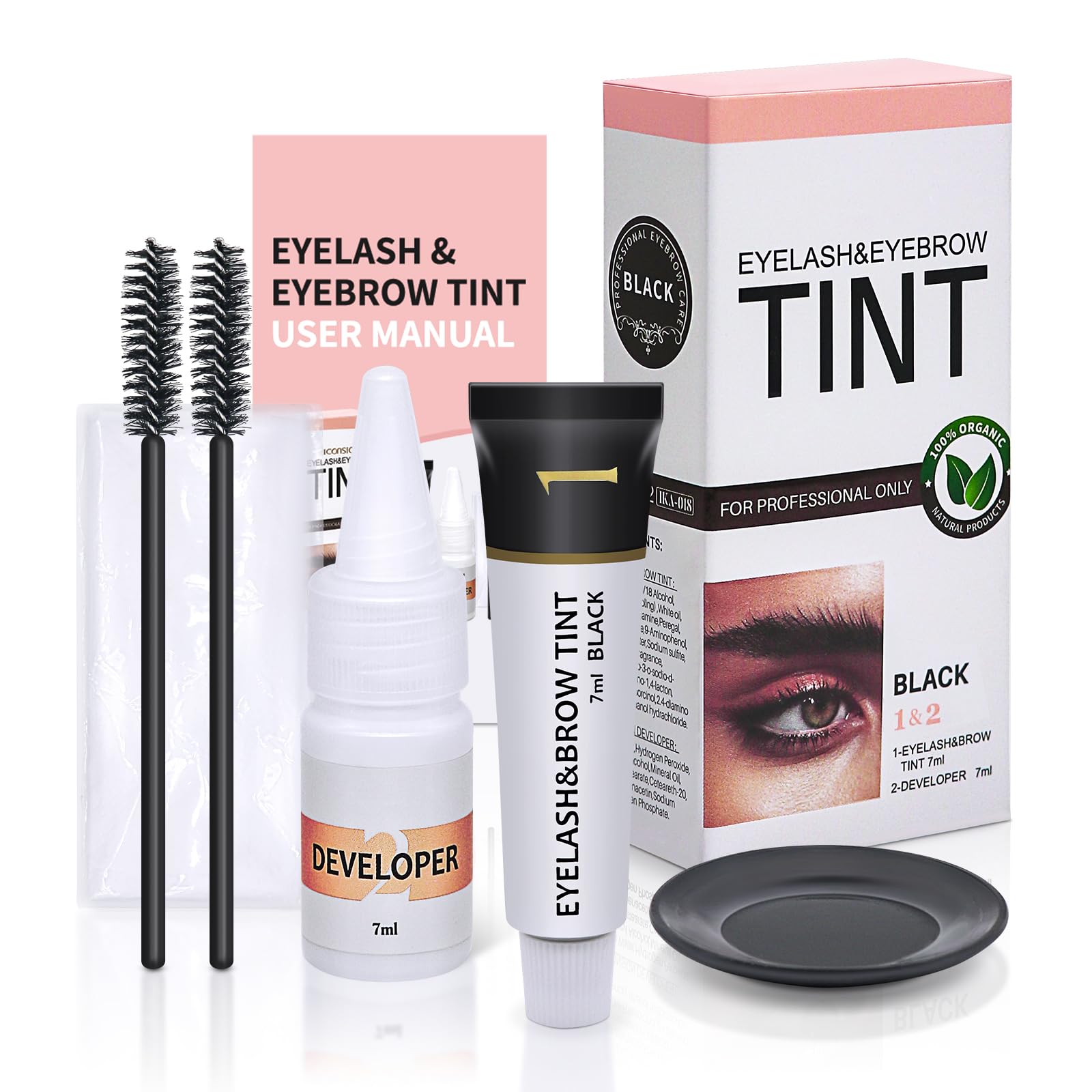 LLNNOVUE eyelash and eyebrow color kit packaging shown for home use