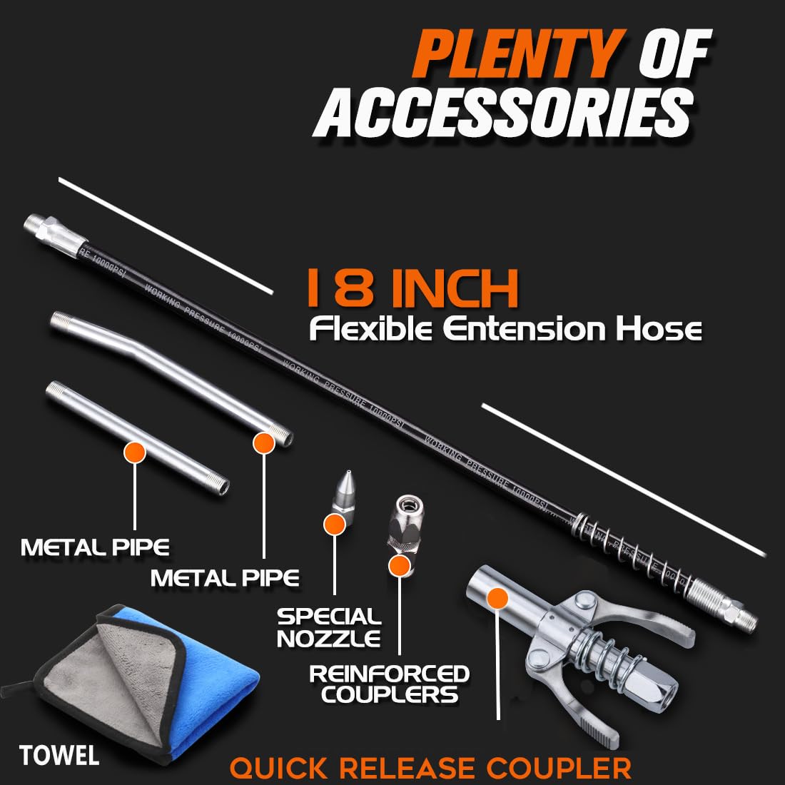 Lnchett grease gun 18-inch flex hose enables reach in tight spots.