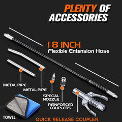 Lnchett grease gun 18-inch flex hose enables reach in tight spots.