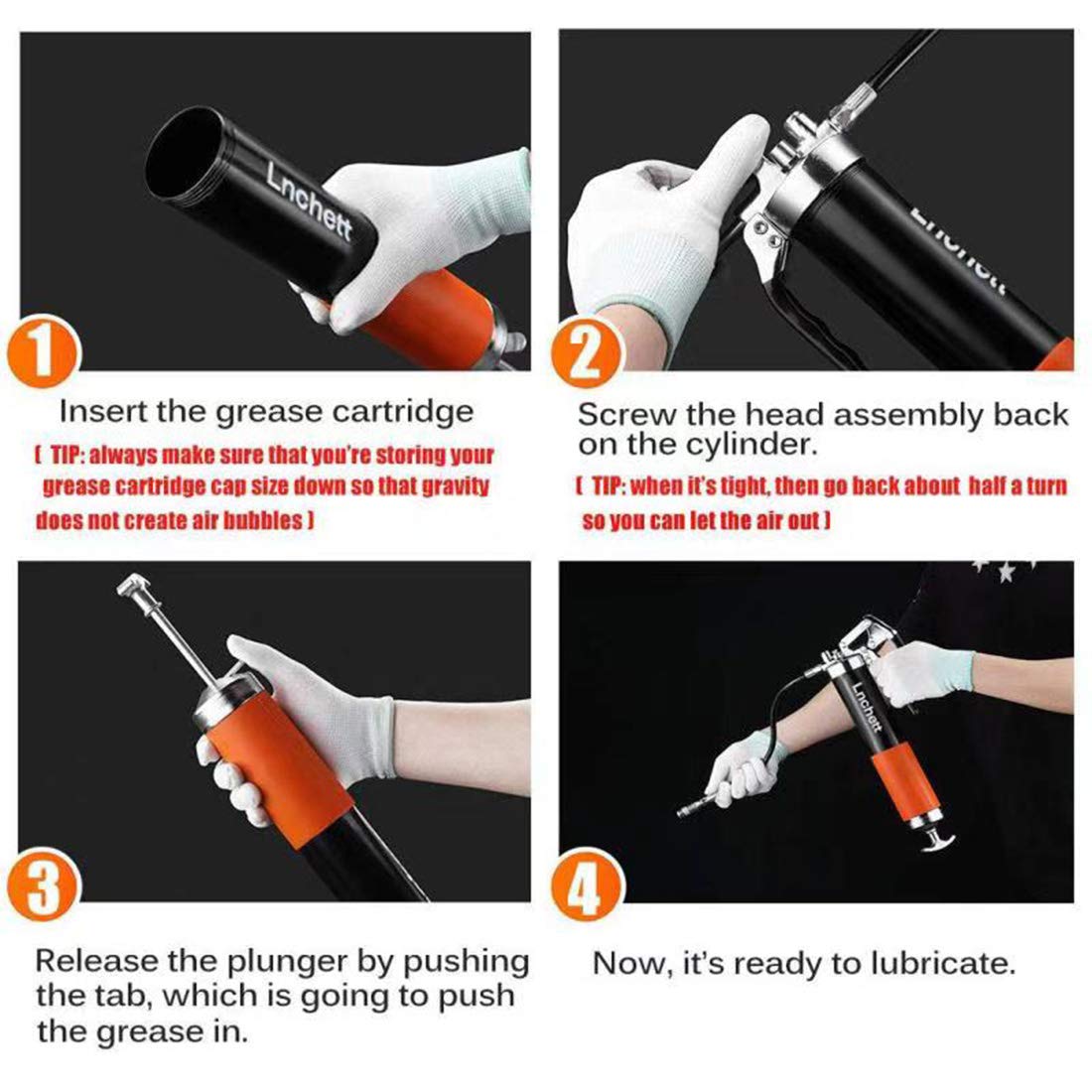 Lnchett grease gun two extension tubes enhance reach and leverage.