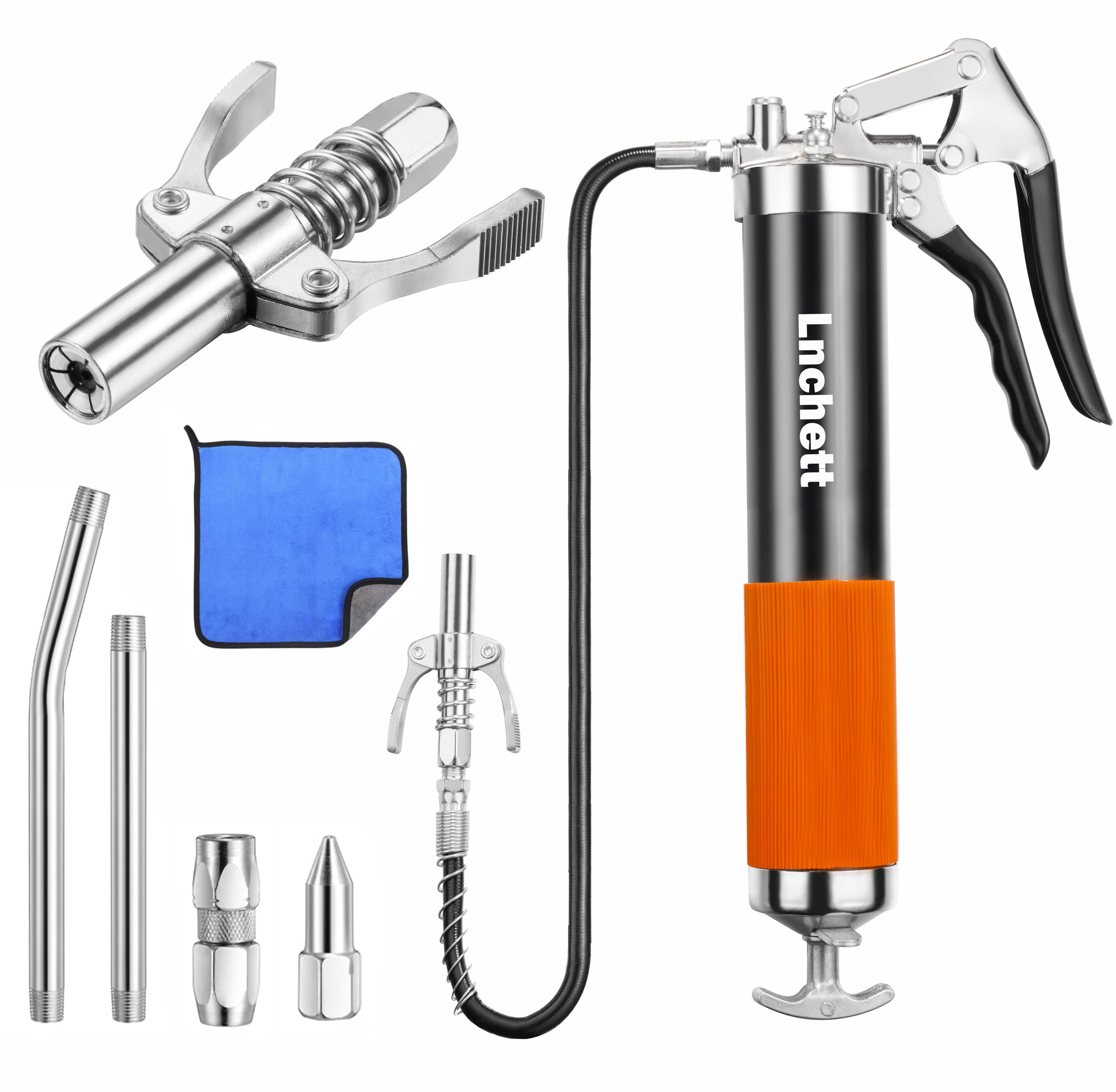 Lnchett grease gun with quick-release coupler for fast, spill-free lubrication.