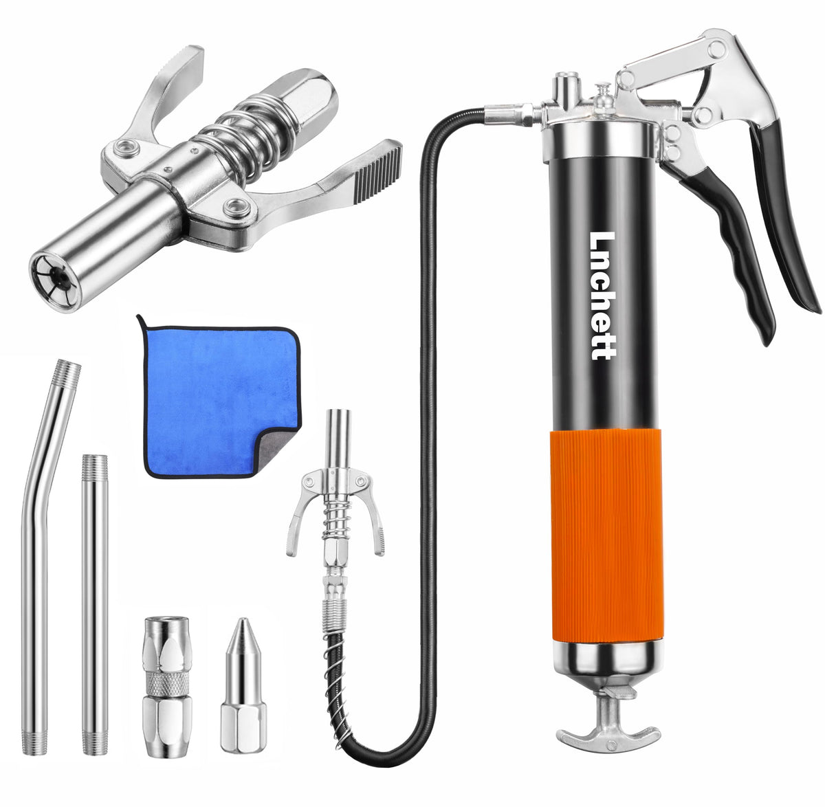 Lnchett grease gun with quick-release coupler for fast, spill-free lubrication.