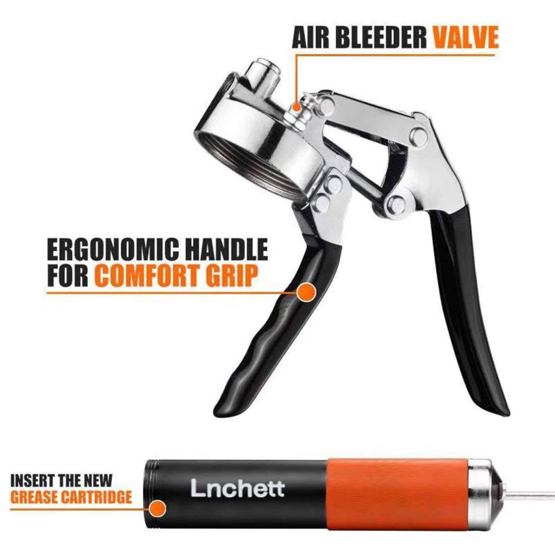Lnchett grease gun reinforced steel barrel provides durable performance.