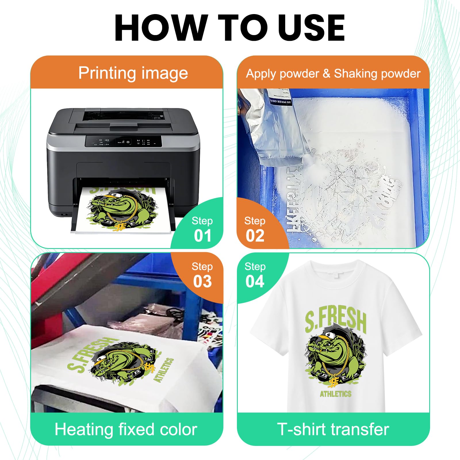 LNKCOS DTF powder on fabric demonstrates soft transfers and color durability.