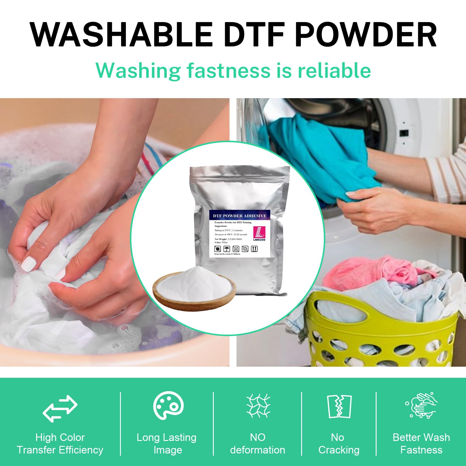 LNKCOS DTF powder packaging highlights universal printer compatibility.