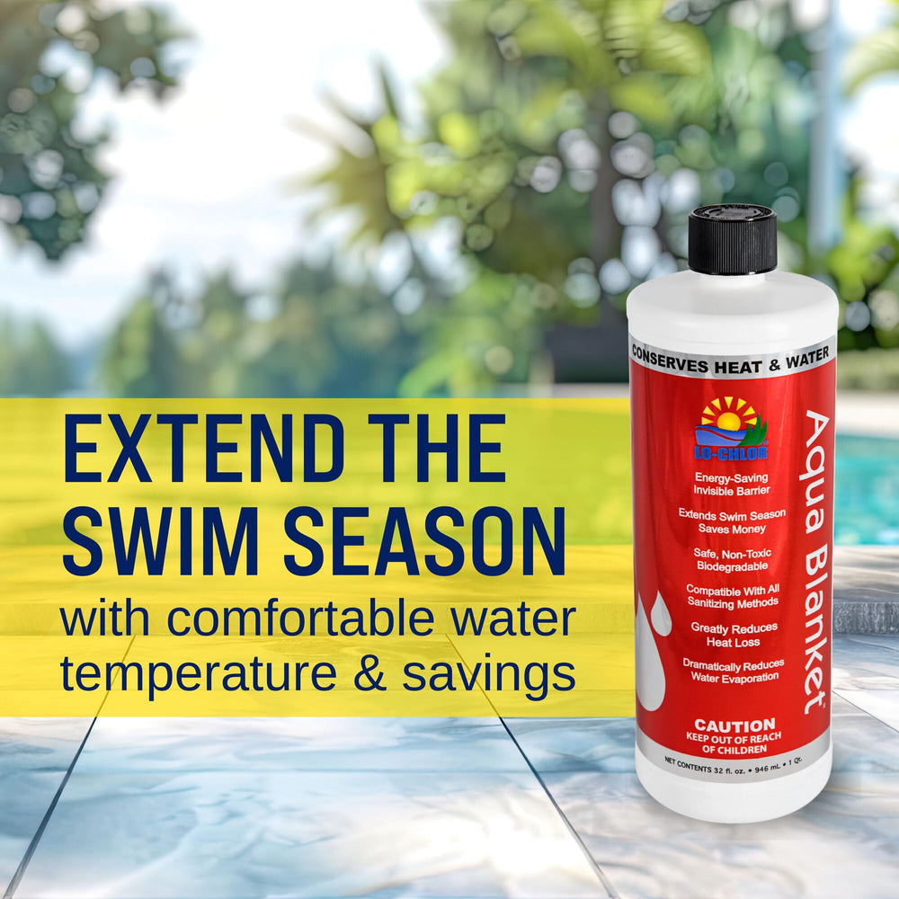 Lo-Chlor Aqua Blanket liquid cover on water forms invisible barrier to reduce heat loss