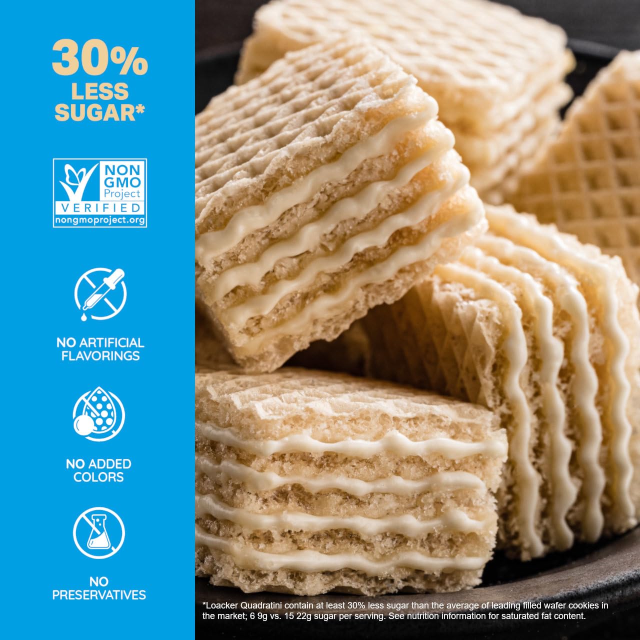 Loacker Quadratini vanilla wafers close-up with crumbs highlighting crunchy texture.