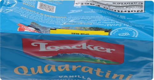 Loacker Quadratini vanilla wafers packaging design close-up shows premium branding.