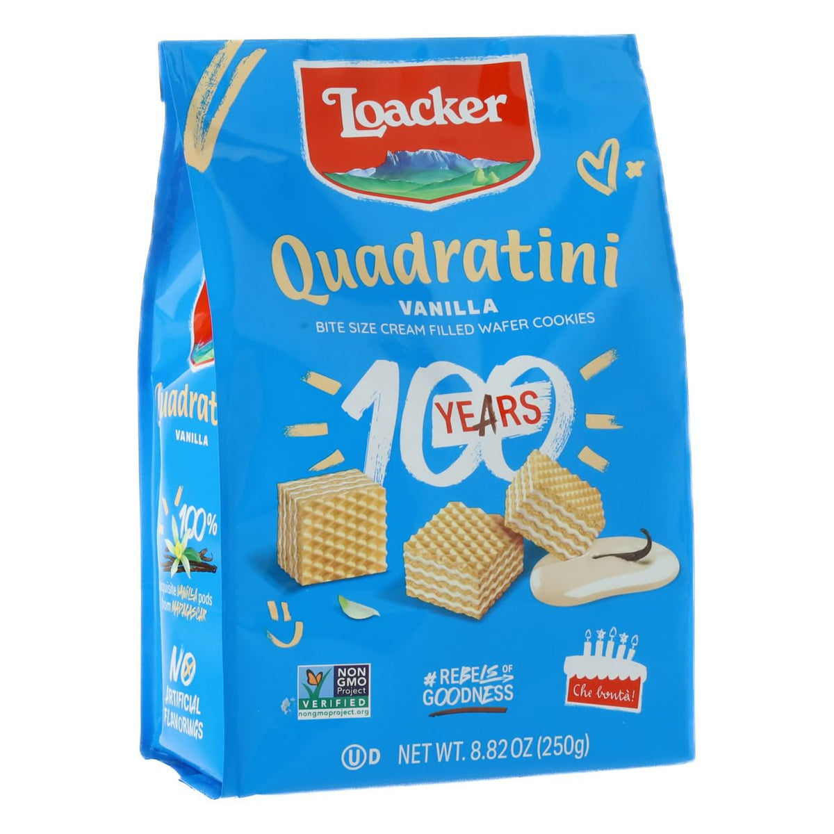 Loacker Quadratini vanilla wafer cookies packshot; ideal grab-and-go snack.