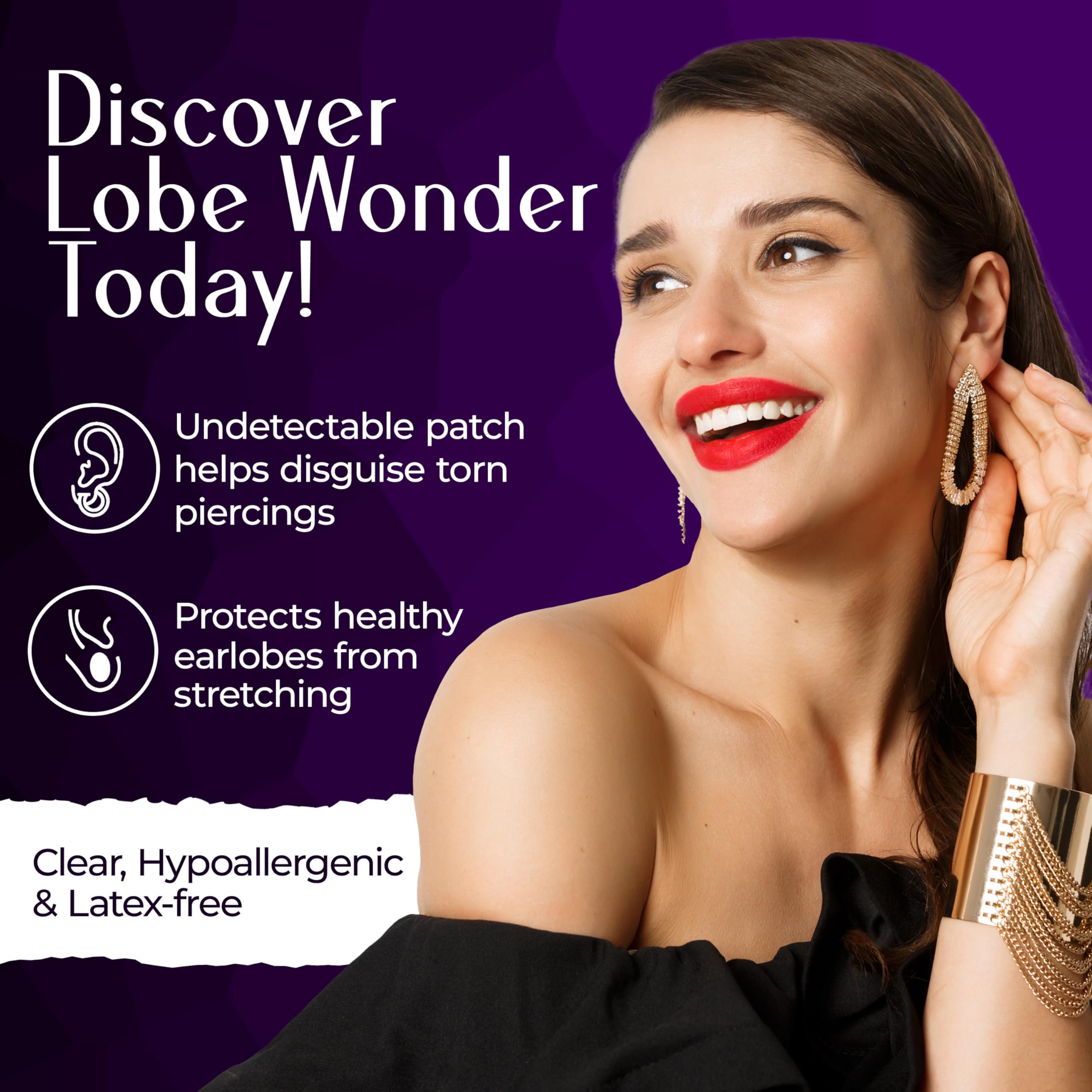 Lobe Wonder clear patches placed on the ear demonstrate invisible backing