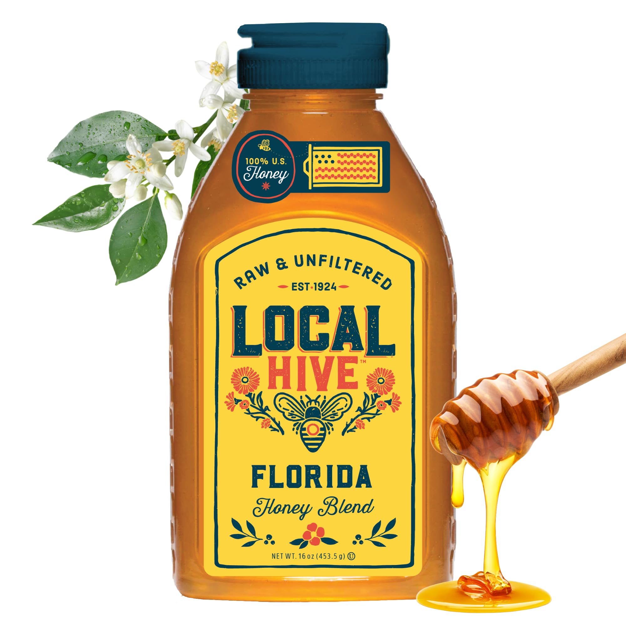 Local Hive Florida honey bottle pouring rich, medium-bodied flavor, ideal for tea.