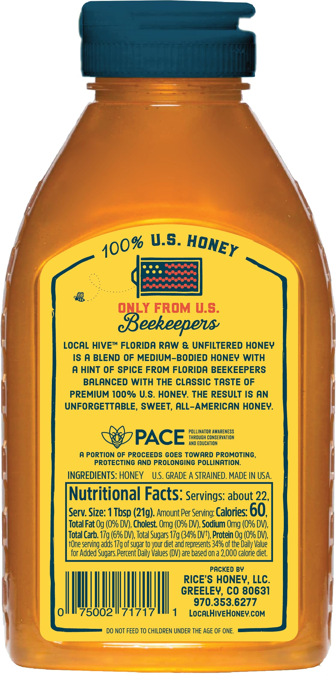 Local Hive Florida honey jar closeup shows amber color and natural texture.