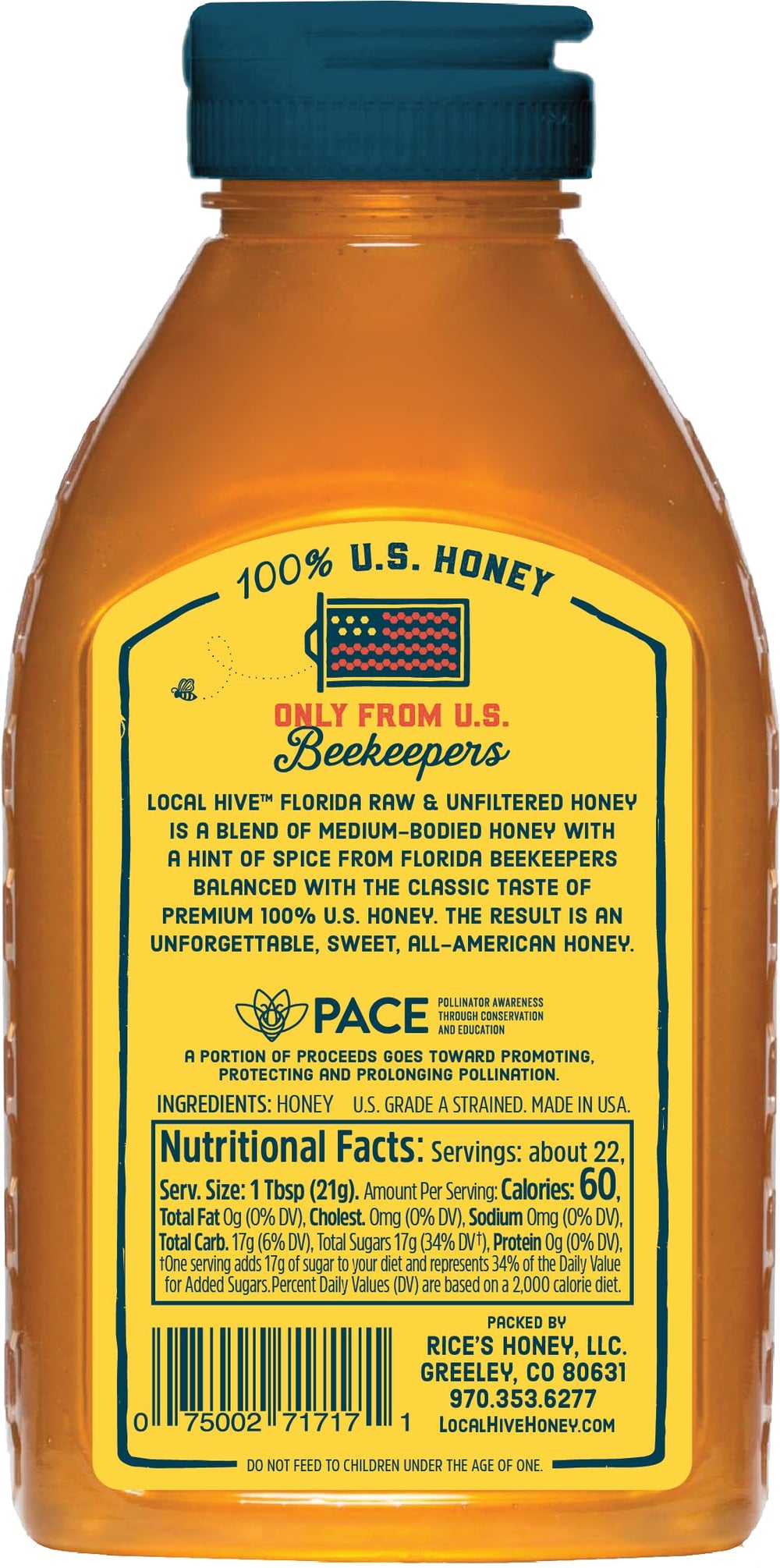 Local Hive Florida honey jar closeup shows amber color and natural texture.