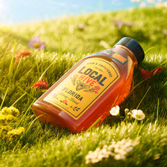 Local Hive Florida honey label detail highlights U.S. beekeeping source.