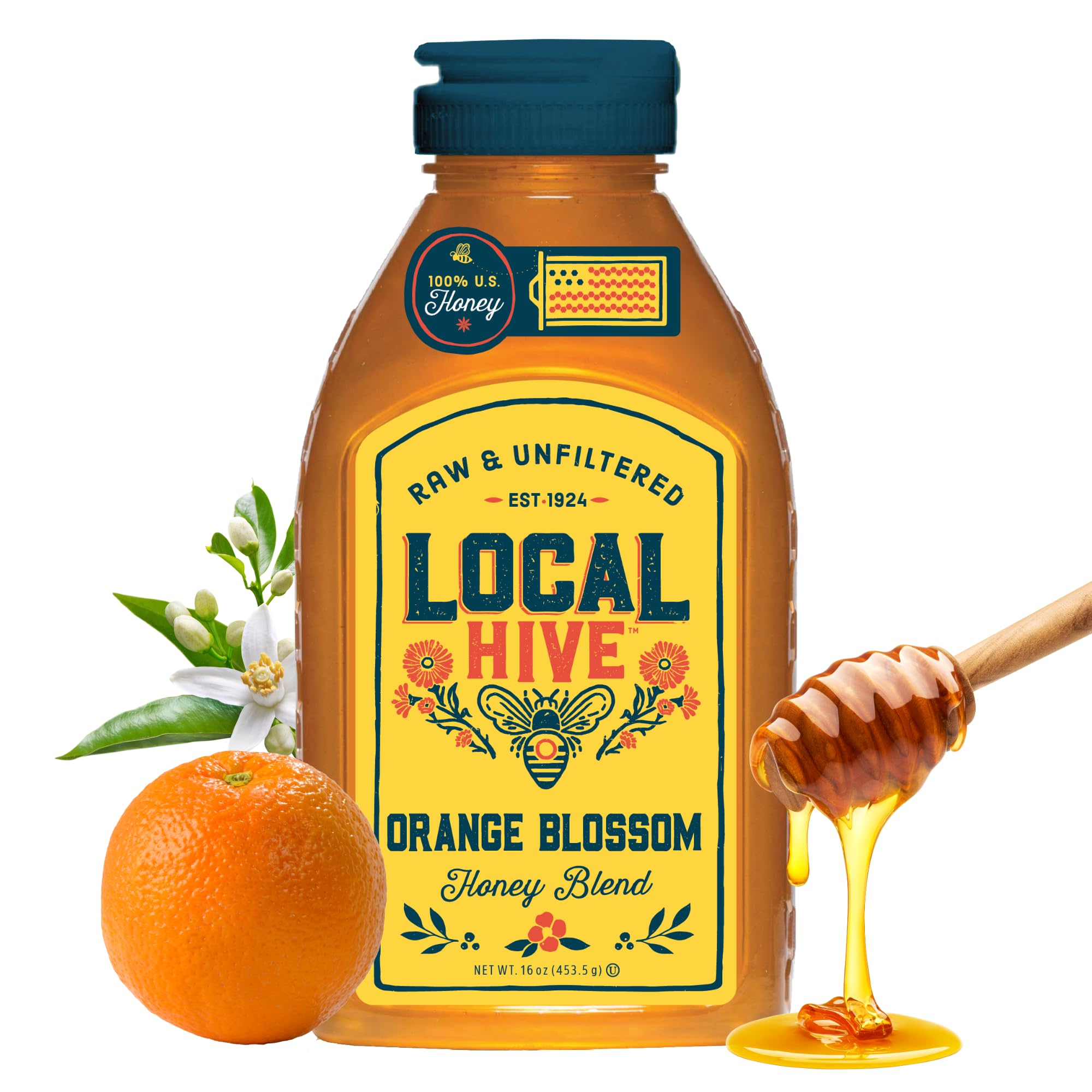 Local Hive Orange Blossom Honey bottle pouring to sweeten tea