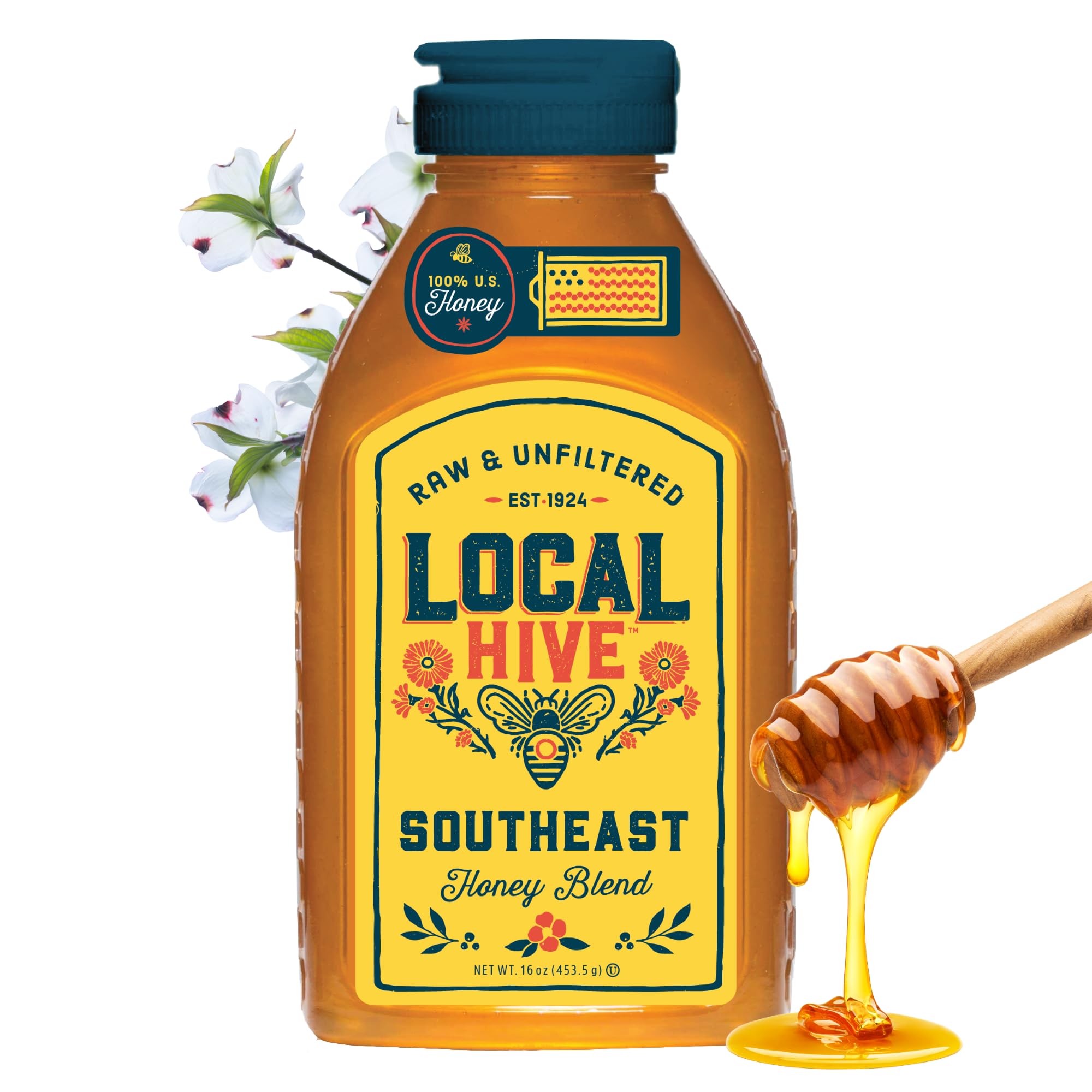 Local Hive Southeast Honey bottle front showing pure raw sweetness ideal for tea and baking.