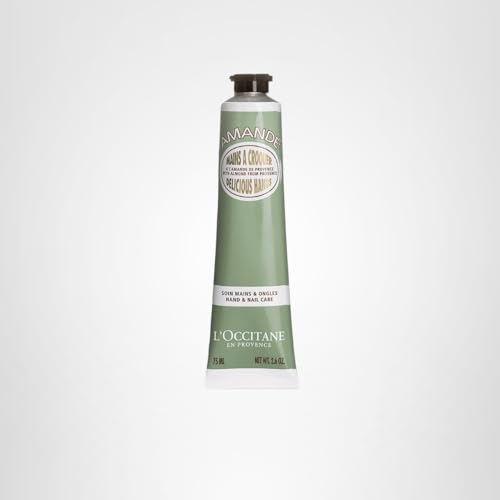 L'Occitane Almond Delicious Hands tube in a bathroom vanity
