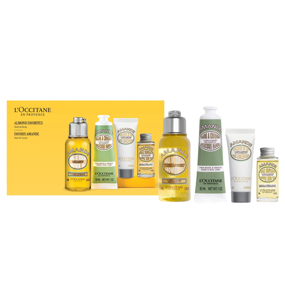 L'OCCITANE Almond Favorites cleansing shower bottle, refreshing cleanse for soft skin.