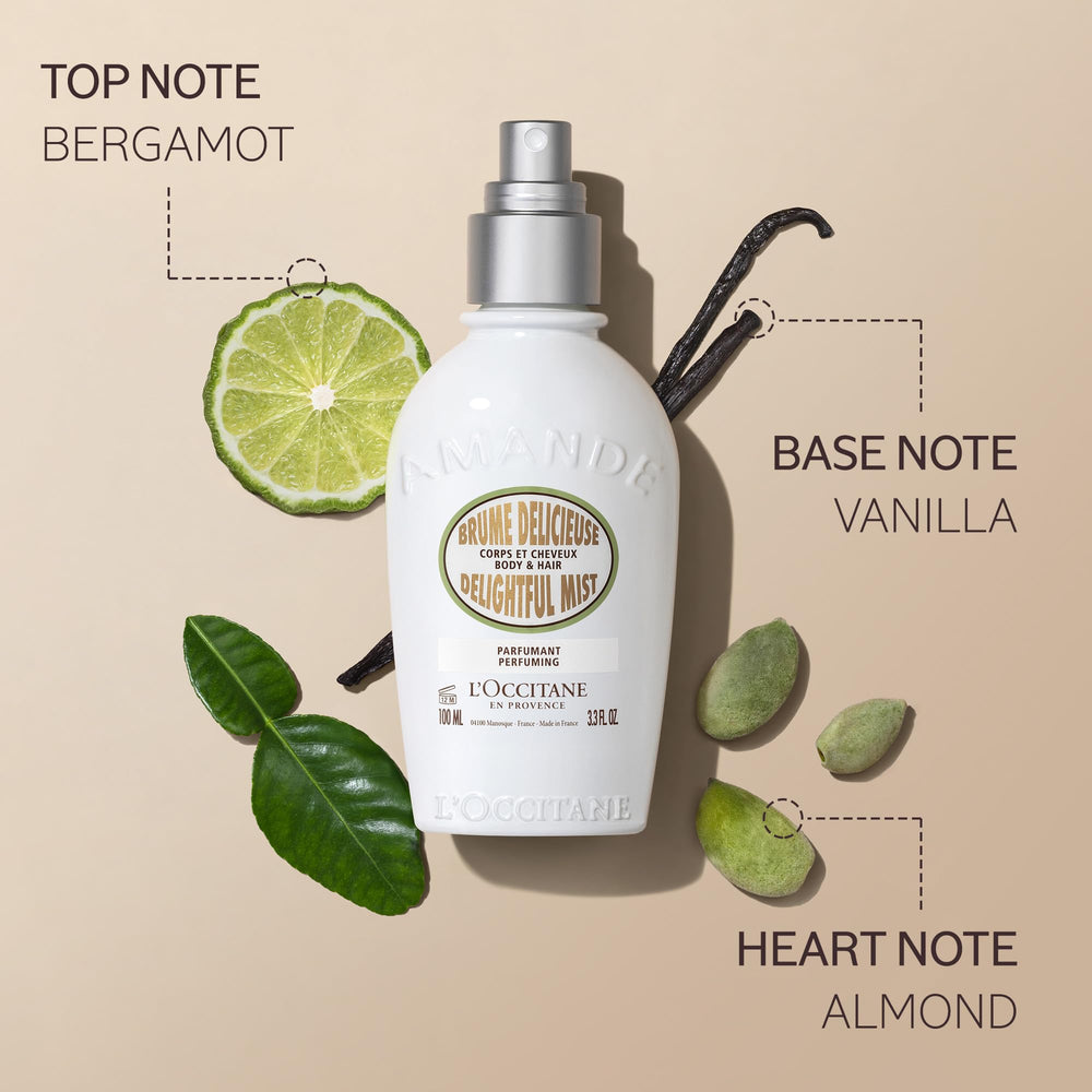 L'OCCITANE Almond mist on hair for light fragrance.