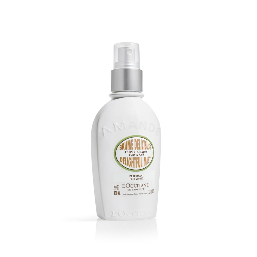 L'OCCITANE Almond Hair & Body Mist bottle showing silky fragrance for hair and skin.