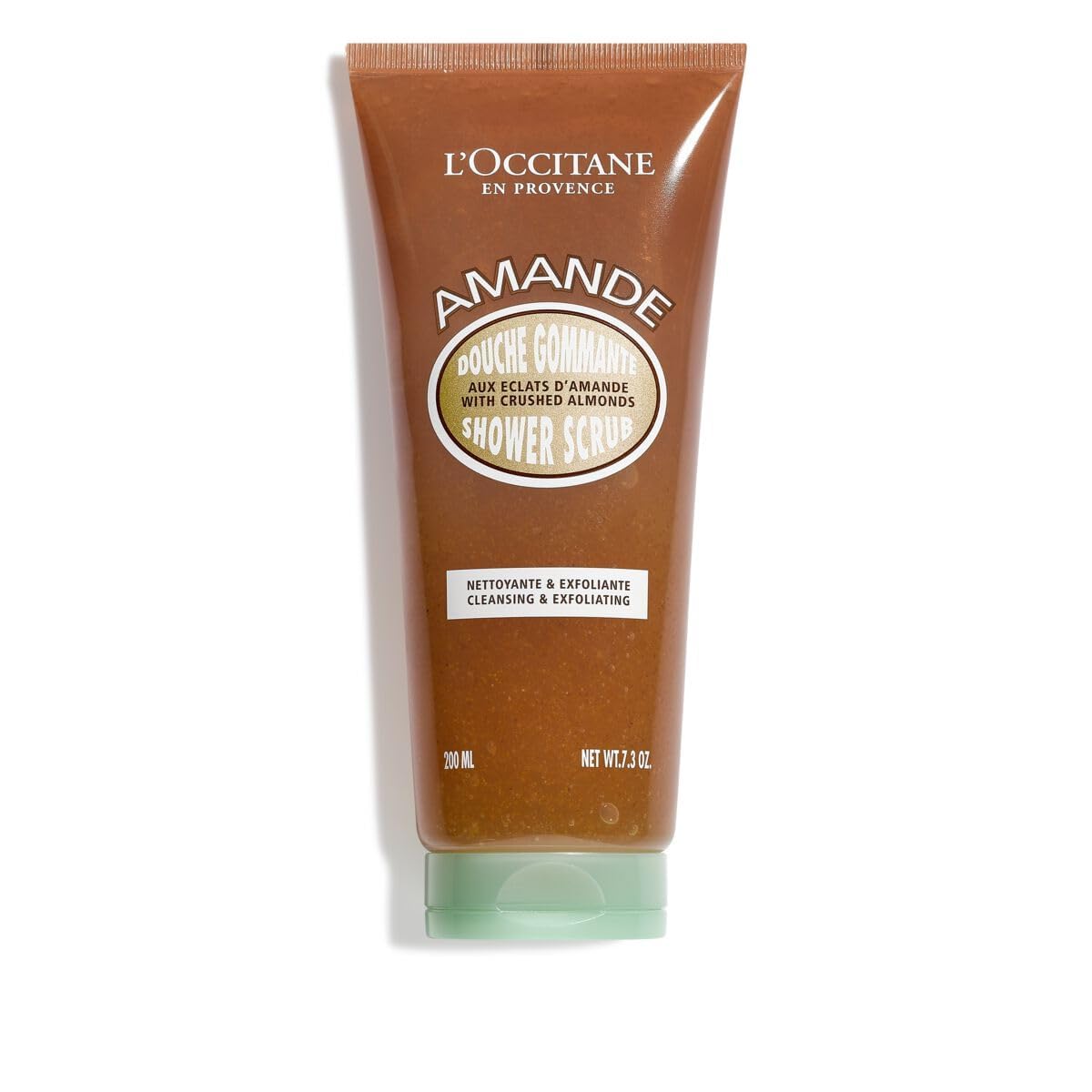 Loccitane Almond Shower Scrub bottle shows a gel-like formula for exfoliation.