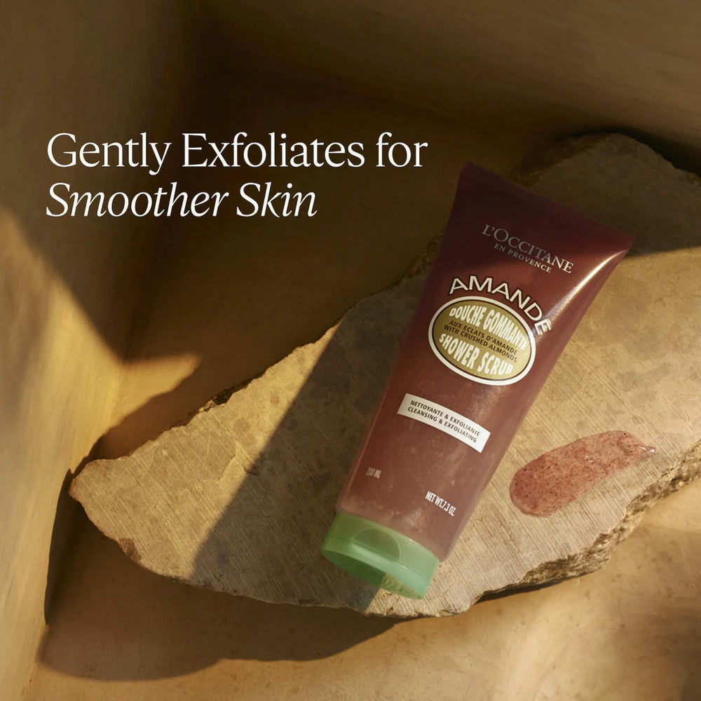 Loccitane product lather foams on skin, suggesting gentle exfoliation and cleansing.