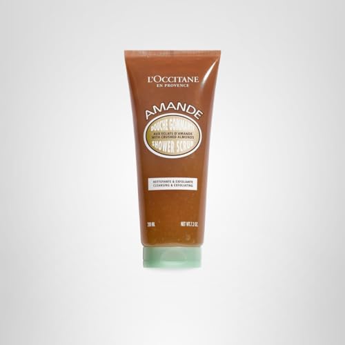 Loccitane Almond Shower Scrub shown with Provence-inspired backdrop and aroma hints.
