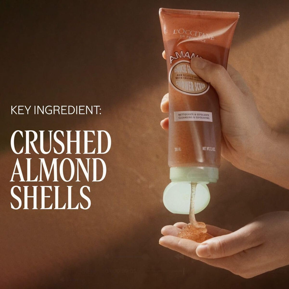 Loccitane Almond Shower Scrub tube close-up highlights packaging and design.