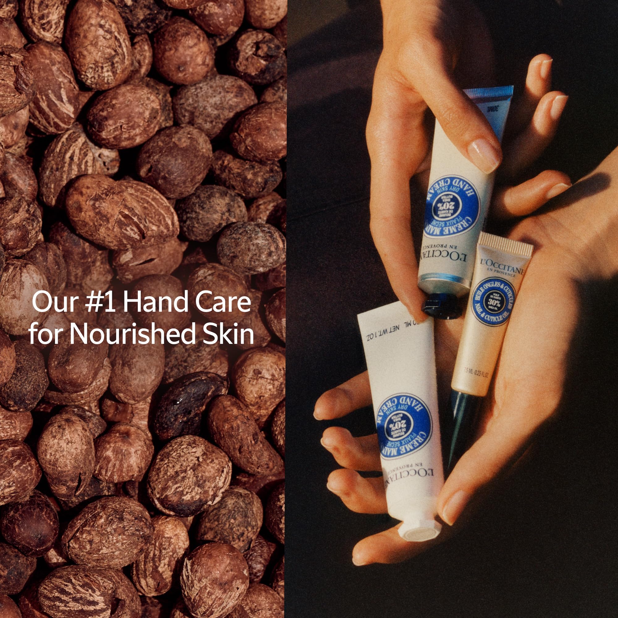 L'OCCITANE bottle close-up for at-home nail care routine.