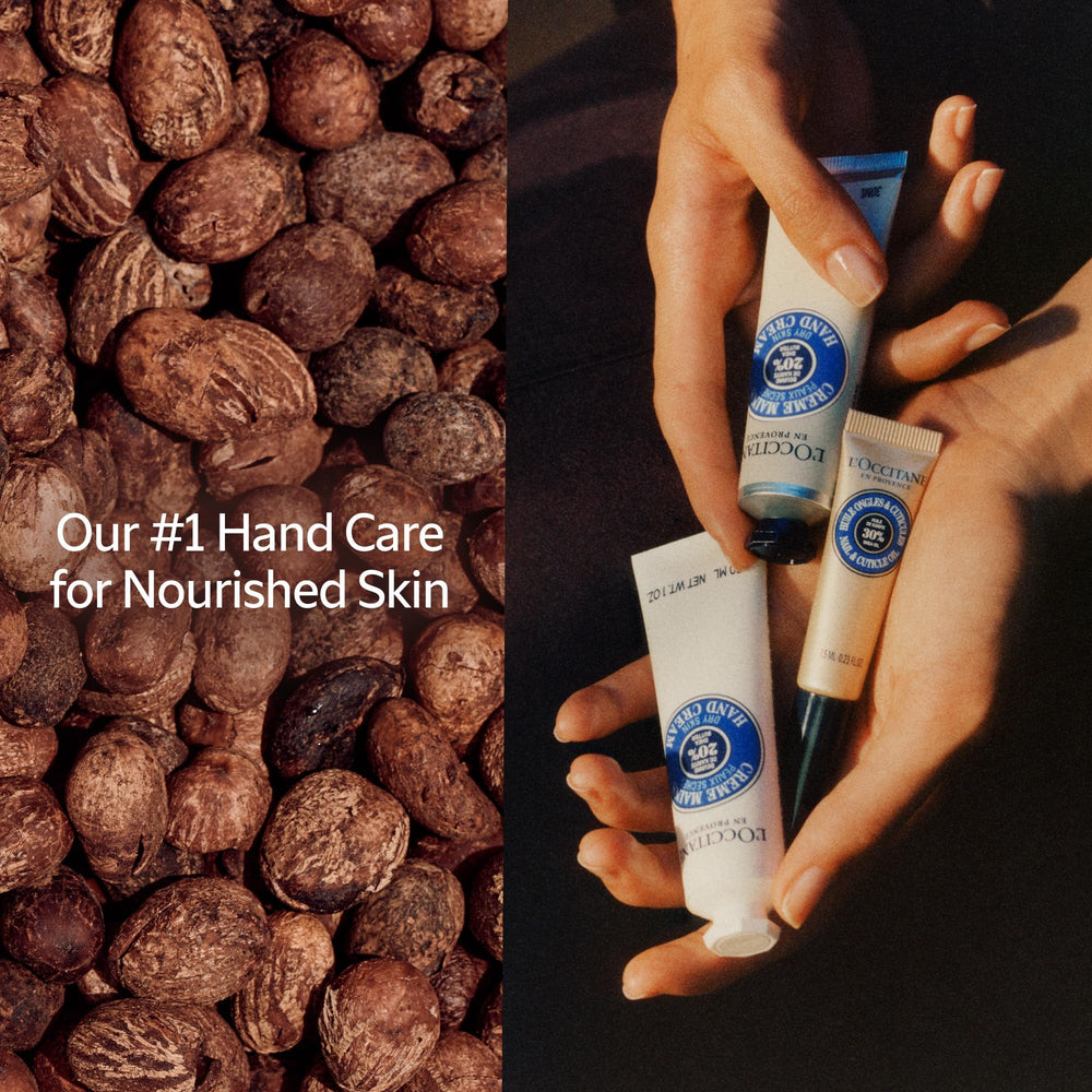L'OCCITANE bottle close-up for at-home nail care routine.