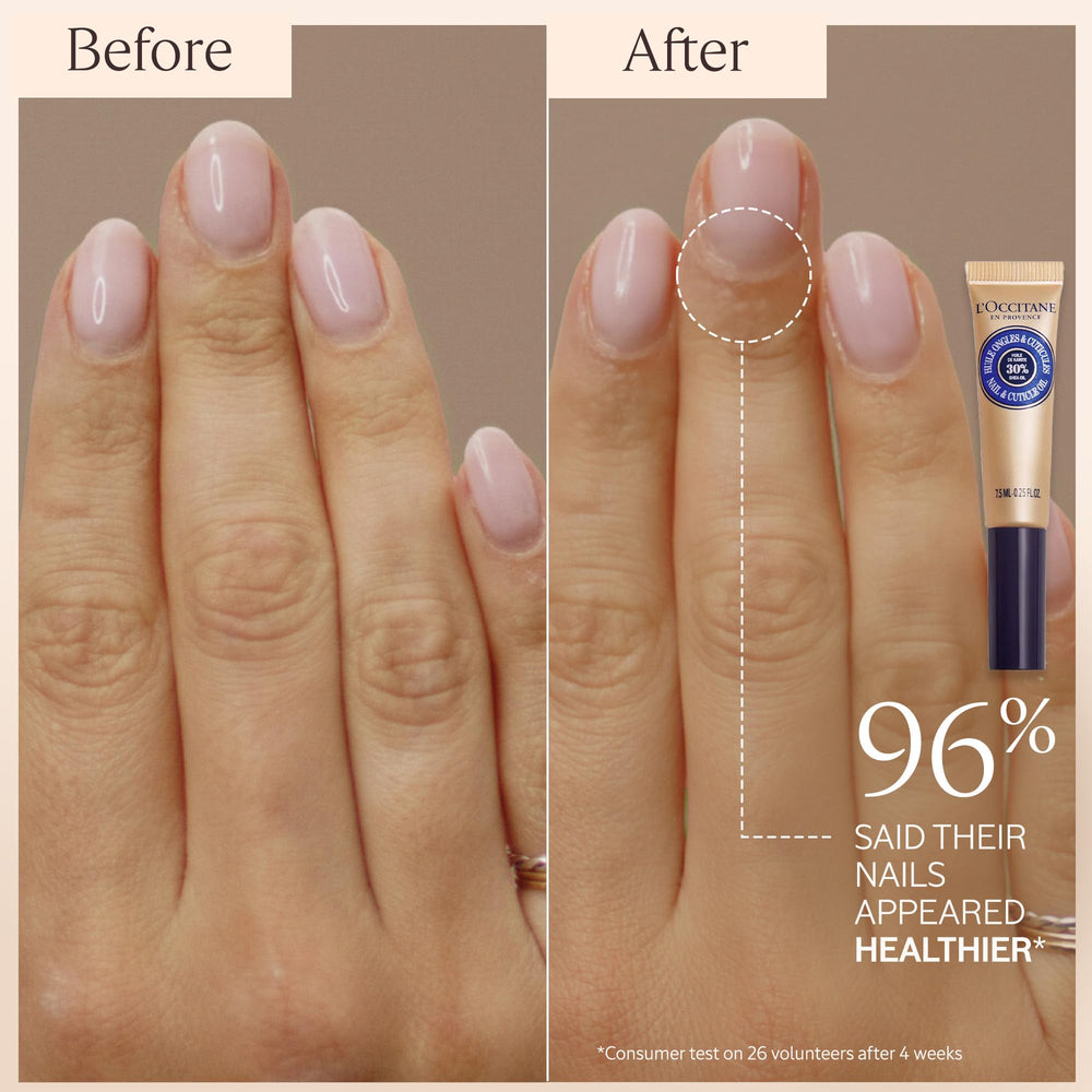 Quick-absorbing formula shown on nails for non-greasy feel.